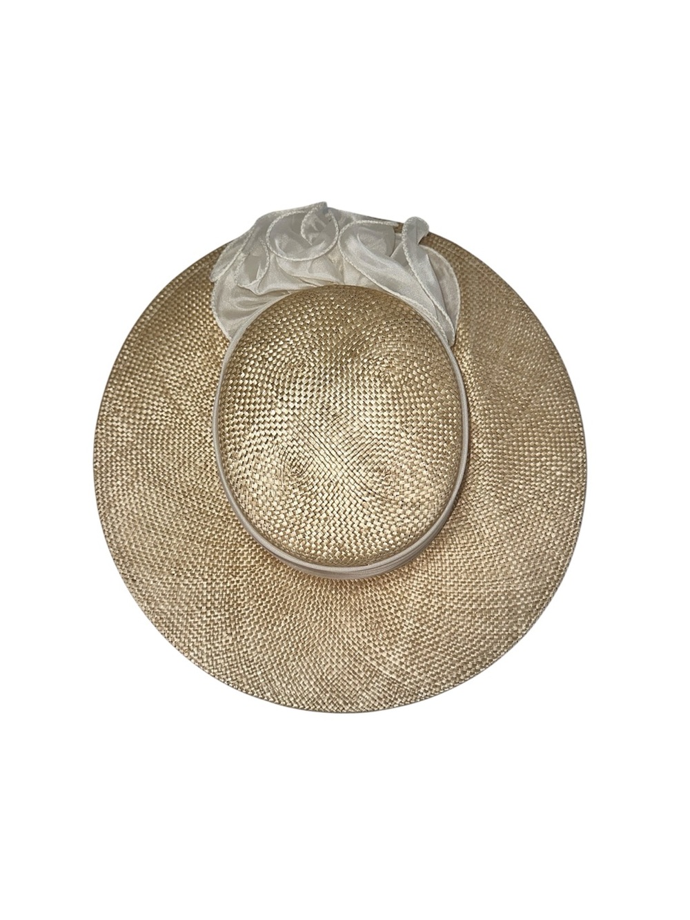 Sonni Natural Straw Wide Brim Ivory Organza Floral Trim Derby Church Hat